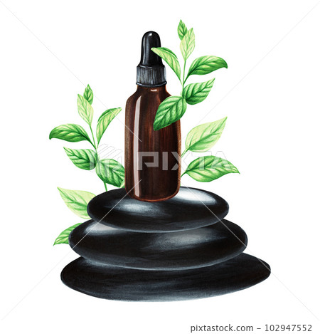 Watercolor illustration with glass bottle of serum on spa zen stones pyramid with cornflowers. Isolated on white background. Beauty products and botany elements, cosmetology and medicine. For Watercolor illustration with glass bottle of serum on spa zen stones pyramid with cornflowers. Isolated on white background. Beauty products and botany elements, cosmetology and medicine. For 102947552