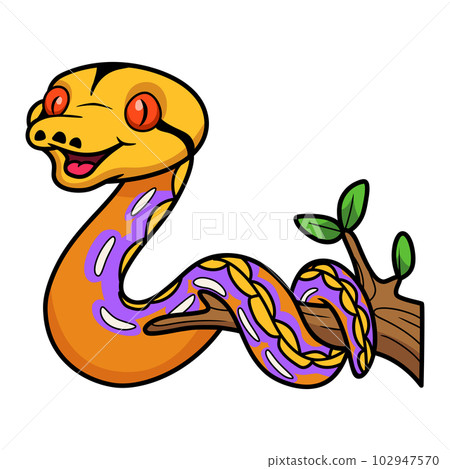 Cute purple albino tiger reticulated python cartoon on tree branch 102947570