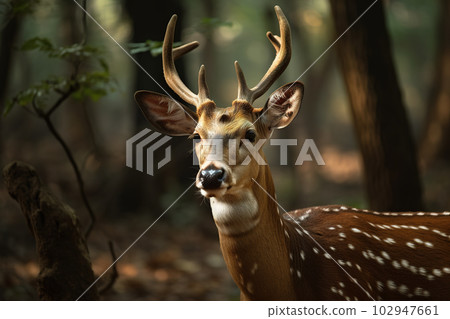 Image of spotted deer in the forest. Wildlife Animals. Illustration, Generative AI. 102947661