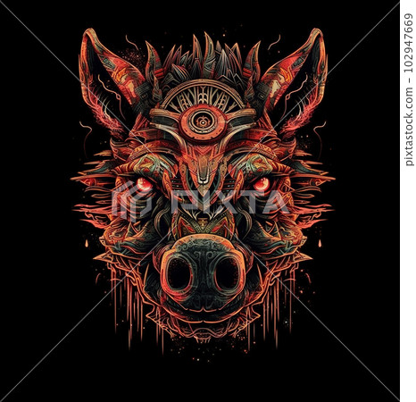 Image of cyberpunk wild boar mask with colorful patterns on black background. Wildlife Animals. Illustration. Generative AI. 102947669