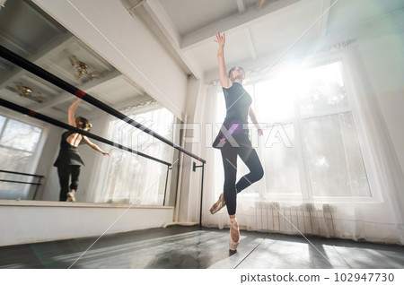 A beautiful Asian woman is dancing at the barre. Ballet dancer. 102947730
