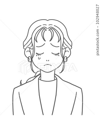 Crying woman in a collarless jacket (line drawing) 102948027