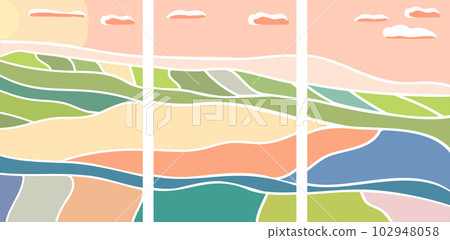 Abstract background with agro fields at sunset and sunrise. Pink sky, sun, clouds. Flat vector illustration suitable for printing banners, flyers, invitations Abstract background with agro fields at sunset and sunrise. Pink sky, sun, clouds. Flat vector illustration suitable for printing banners, flyers, invitations 102948058