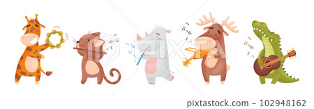 Cute Animal Character Playing Musical Instruments Performing Concert Vector Set 102948162