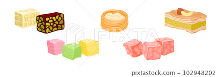 Turkish Delight or Arabic Sweet and Sugary Dessert Vector Set 102948202