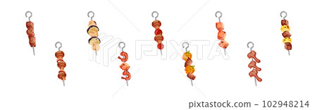 Meat and Vegetables Slabs Skewered on Metal Spits Vector Set 102948214
