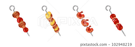 Meat and Vegetables Slabs Skewered on Metal Spits Vector Set 102948219