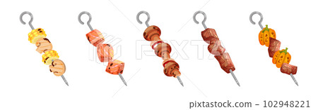 Meat and Vegetables Slabs Skewered on Metal Spits Vector Set Meat and Vegetables Slabs Skewered on Metal Spits Vector Set 102948221
