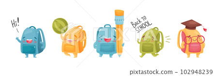 Cartoon Schoolbags or School Rucksack Character Vector Set 102948239