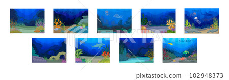 Underwater Bottom View with Algae and Sea Weeds Vector Set 102948373