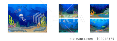 Underwater Bottom View with Algae and Sea Weeds Vector Set Underwater Bottom View with Algae and Sea Weeds Vector Set 102948375