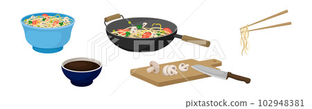 Chinese Noodles with Vegetables in Bowl and Frying Pan Vector Set 102948381