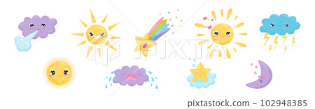 Cartoon Sun, Moon and Cloud with Different Facial Expression Vector Set 102948385