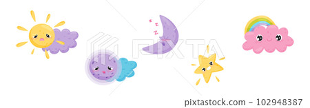 Cartoon Sun, Moon and Cloud with Different Facial Expression Vector Set 102948387