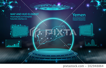 yemen map light connecting effect background. abstract digital technology UI, GUI, futuristic HUD Virtual Interface with yemen map. Stage futuristic podium in fog. 102948864
