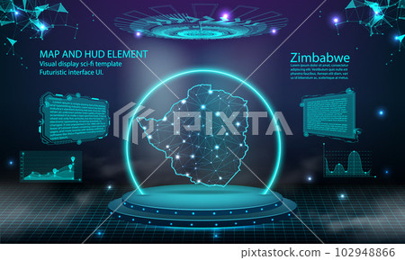 zimbabwe map light connecting effect background. abstract digital technology UI, GUI, futuristic HUD Virtual Interface with zimbabwe map. Stage futuristic podium in fog. 102948866