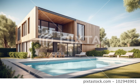 View of A modern two-storey high-tech minimalist villa... - Stock Illustration ...