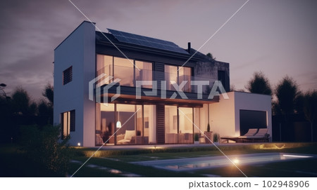 Modern two-story cottage with a spacious terrace and solar panels on the roof. Neat lawn in front of the house. Swimming pool in the foreground. Soft sunset light. The concept of alternative energy. 102948906