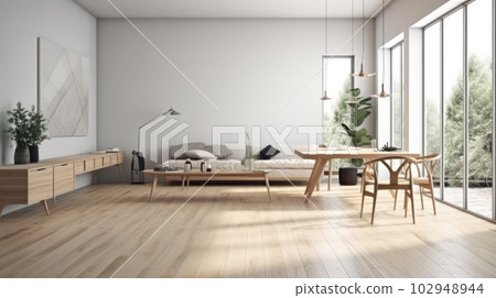 Modern spacious living room with large panoramic windows. Minimalist light interior in Scandinavian style, simple wooden furniture, light textiles, white walls. 102948944