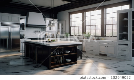 Spacious modern American-style kitchen in a country house with a kitchen island and a large work surface. Combination of white and dark wood. Comfortable space. 102949032