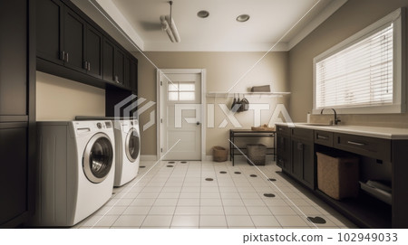 Spacious laundry room in a contemporary home with monochrome finishes in white, gray and black. Washer and dryer, sink and many cabinets. 102949033