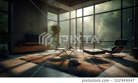 Modern spacious luxury living room. Panoramic windows with stunning garden views. Luxurious leather sofas and armchairs, pictures on the walls and plants in pots. Comfortable and refined living space. Modern spacious luxury living room. Panoramic windows with stunning garden views. Luxurious leather sofas and armchairs, pictures on the walls and plants in pots. Comfortable and refined living space. 102949047