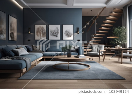 Modern living room. A fashionable sofa, a coffee table, an elegant wooden staircase to the second floor. Soft shades of gray and blue. Modern minimalism. 102949134