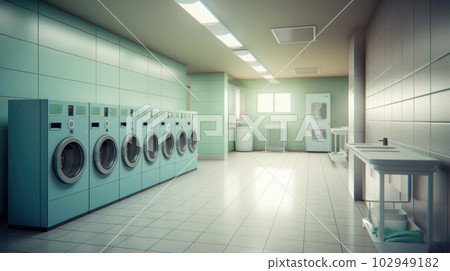 Modern colorful laundry room, industrial washing machines for washing in a bright clean room. Modern industry and life. Modern colorful laundry room, industrial washing machines for washing in a bright clean room. Modern industry and life. 102949182