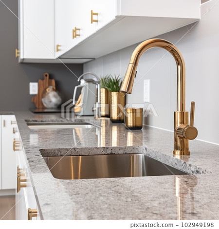 Gold-colored kitchen faucet with a sink on a marble countertop. Comfortable and beautiful workspace. Modern kitchen interior design. 102949198