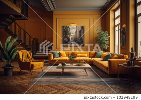 Classic living room with modern sofa, large windows, wooden floor, picture on the wall, potted plants. Walls and upholstered furniture in trendy shades of yellow. Nice staircase to the second floor 102949199