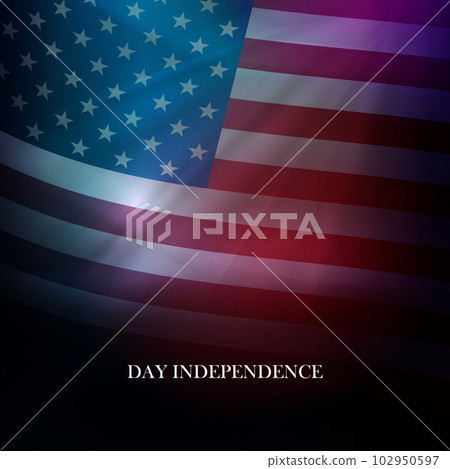 Illustration with curved USA flag, rays of light 102950597