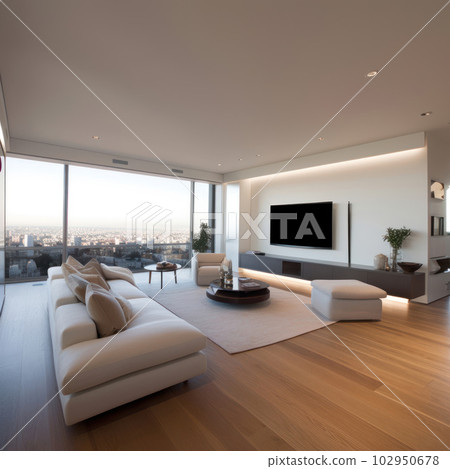 Living room with large glass windows and led lights by night. Ai generated. 102950678