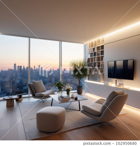 Living room with large glass windows and led lights by night. Ai generated. 102950680