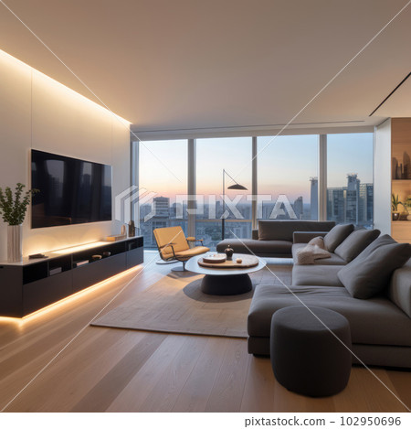 Living room with large glass windows and led lights by night. Ai generated. Living room with large glass windows and led lights by night. Ai generated. 102950696