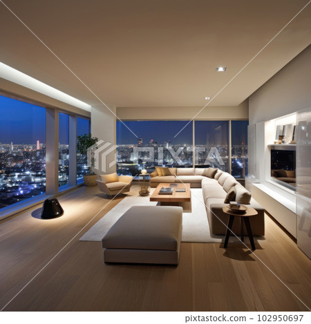 Living room with large glass windows and led lights by night. Ai generated. Living room with large glass windows and led lights by night. Ai generated. 102950697