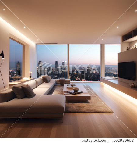Living room with large glass windows and led lights by night. Ai generated. Living room with large glass windows and led lights by night. Ai generated. 102950698