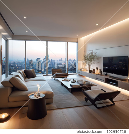Living room with large glass windows and led lights by night. Ai generated. Living room with large glass windows and led lights by night. Ai generated. 102950716