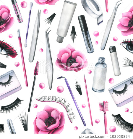 Cosmetics and brushes for eyes and eyebrows, tubes with pink anemone flowers. Watercolor illustration hand drawn. Seamless pattern on a white background. For eyelash extension and lamination. Cosmetics and brushes for eyes and eyebrows, tubes with pink anemone flowers. Watercolor illustration hand drawn. Seamless pattern on a white background. For eyelash extension and lamination. 102950854
