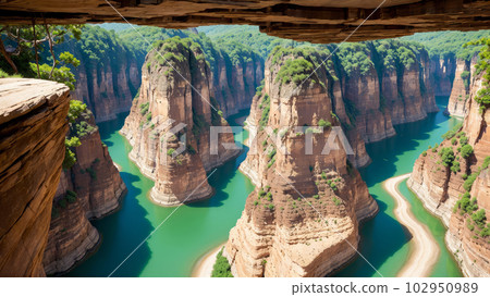 AI-generated image [Nature] Scenery of cliffs, precipices, rivers, ponds, lakes, and jungles 102950989