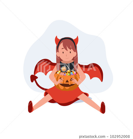 little cute girl in colorful halloween costumes as red devil. Happy Halloween trick or treat. Flat Vector cartoon illustration 102952008