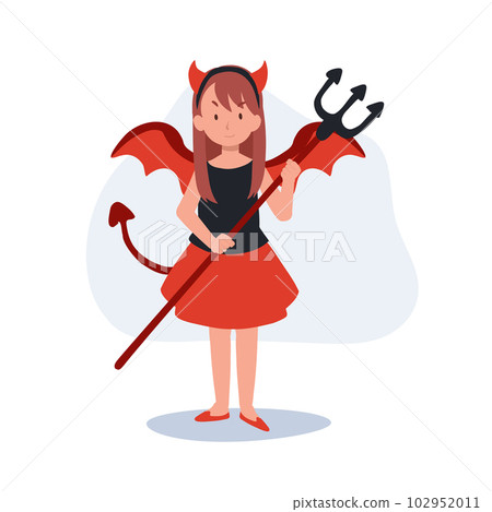 little cute girl in colorful halloween costumes as red devil. Happy Halloween trick or treat. Flat Vector cartoon illustration little cute girl in colorful halloween costumes as red devil. Happy Halloween trick or treat. Flat Vector cartoon illustration 102952011