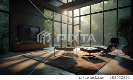 Modern spacious luxury living room. Panoramic windows with stunning garden views. Luxurious leather sofas and armchairs. Comfortable and refined living space. Modern spacious luxury living room. Panoramic windows with stunning garden views. Luxurious leather sofas and armchairs. Comfortable and refined living space. 102952831