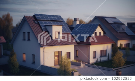 Modern village with solar panels, photovoltaics on the roofs of houses. Alternative source of electricity. The concept of renewable resources. Modern village with solar panels, photovoltaics on the roofs of houses. Alternative source of electricity. The concept of renewable resources. 102952833