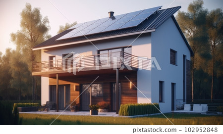 Modern two-story cottage with a spacious terrace and solar panels on the roof. Neat lawn in front of the house. Soft sunset light. The concept of smart home and alternative energy. Modern two-story cottage with a spacious terrace and solar panels on the roof. Neat lawn in front of the house. Soft sunset light. The concept of smart home and alternative energy. 102952848