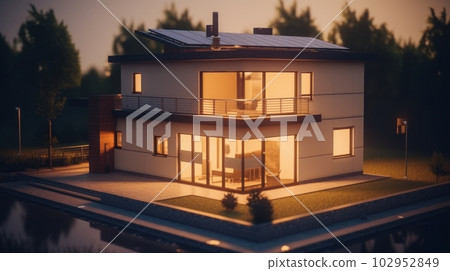 Modern two-story cottage with panoramic windows, a swimming pool and solar panels on the roof. Spectacular sunset light. The concept of smart home and alternative energy. Tilt shift lens effect. Modern two-story cottage with panoramic windows, a swimming pool and solar panels on the roof. Spectacular sunset light. The concept of smart home and alternative energy. Tilt shift lens effect. 102952849