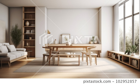 Modern spacious living room with large panoramic windows. Minimalist light interior in Scandinavian style, simple wooden furniture, light textiles, white walls. Modern spacious living room with large panoramic windows. Minimalist light interior in Scandinavian style, simple wooden furniture, light textiles, white walls. 102952857
