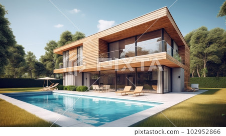 Modern two-story minimalist villa with panoramic windows and a swimming pool in the foreground. Gorgeous home surrounded by trees. Modern comfortable living environment. Modern two-story minimalist villa with panoramic windows and a swimming pool in the foreground. Gorgeous home surrounded by trees. Modern comfortable living environment. 102952866
