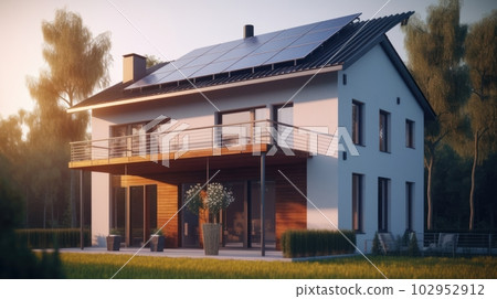 Modern two-story cottage with a spacious terrace and solar panels on the roof. Neat lawn in front of the house. Soft sunset light. The concept of smart home and alternative energy. Modern two-story cottage with a spacious terrace and solar panels on the roof. Neat lawn in front of the house. Soft sunset light. The concept of smart home and alternative energy. 102952912
