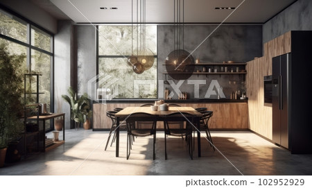 Modern spacious minimalistic kitchen with loft elements with large panoramic windows. Dining area, table and chairs. Combination of wood and concrete. Comfortable living space. 102952929