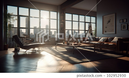 The interior of a luxury apartment in a modern building with panoramic windows and a stunning view of the city in the rays of the setting sun. 102952930